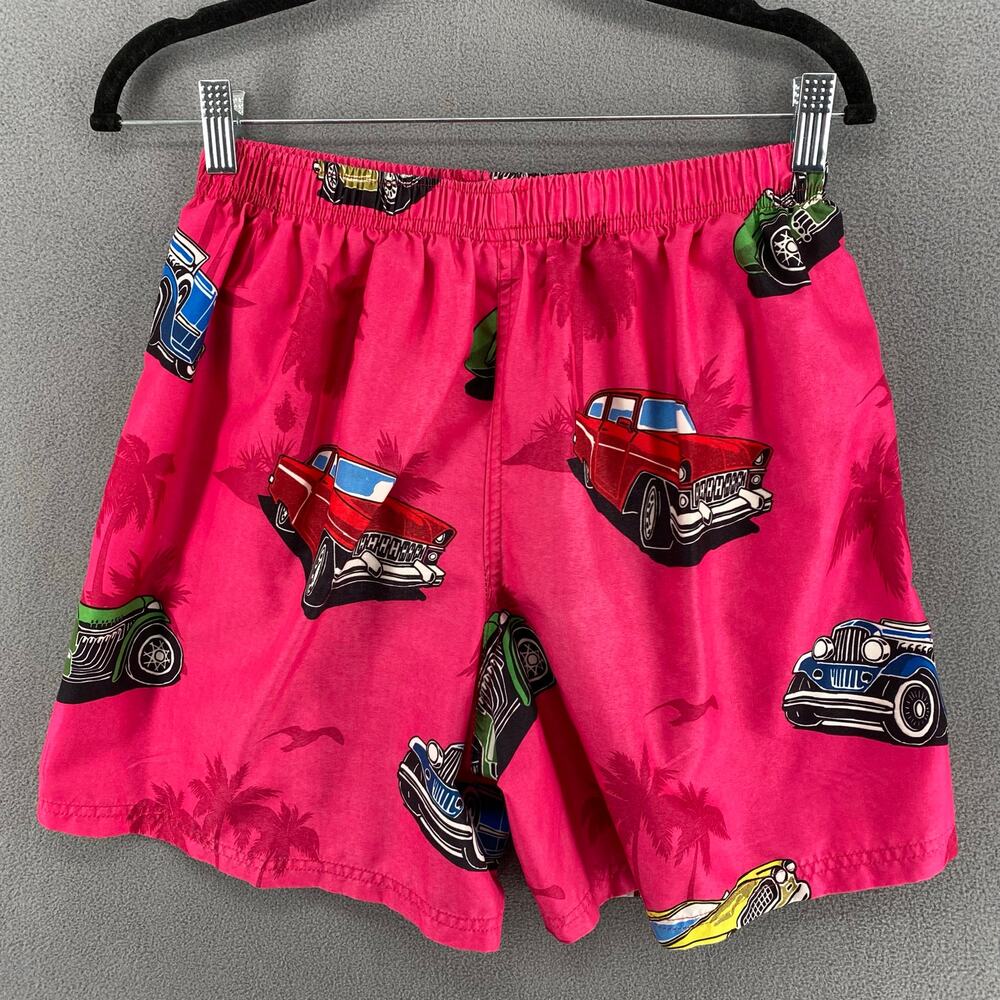 Uzzi Active Wear Shorts Mens‎ M Pink Graphic Swim Surf Beach Festival Cars Palm